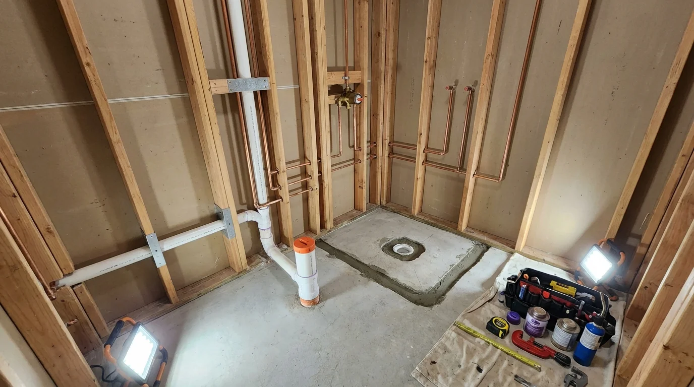 Bathroom rough-in plumbing during remodel by Johns Plumbing LLC in Harrodsburg