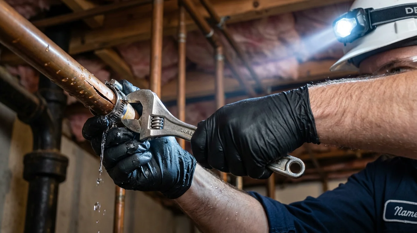 Emergency pipe clamp repair being performed by a Johns Plumbing LLC plumber in Harrodsburg