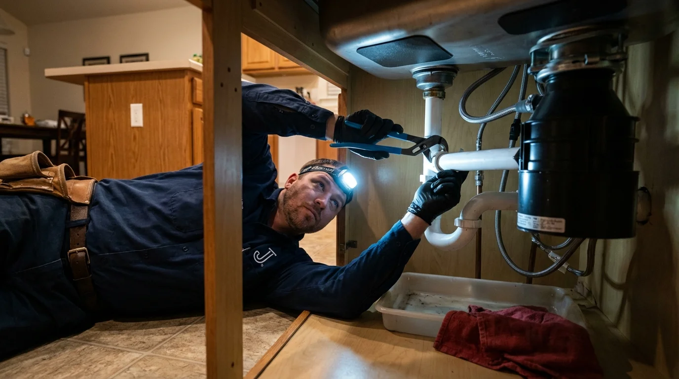 P-trap and supply line connections under a kitchen sink showing a common leak point in Harrodsburg, KY